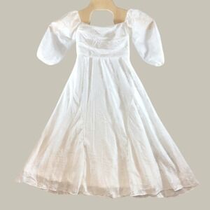 1144 | White Floral Textured Puff Sleeve Romantic Midi Dress Women Size 8